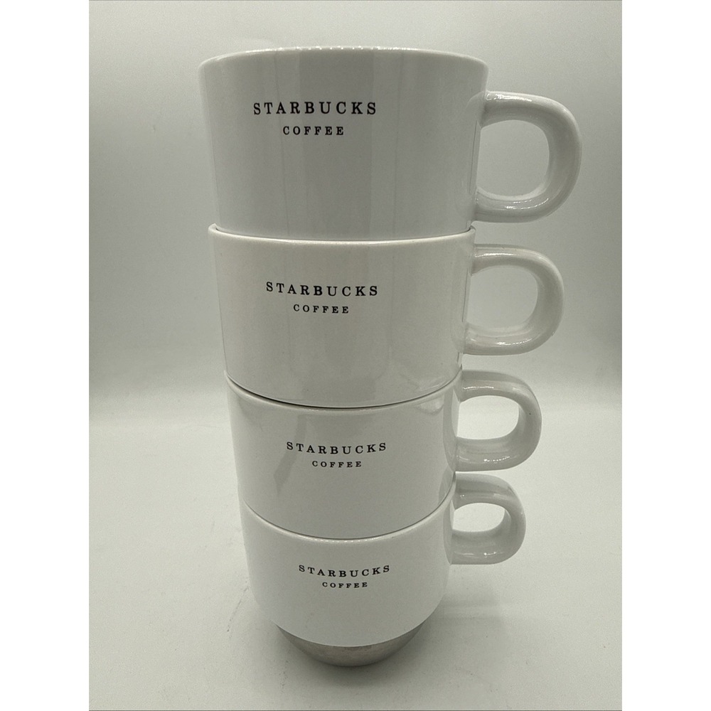 Starbucks White Ceramic SS Bottom Espresso Coffee Mug Tea Cup 8 oz Stack Of 4